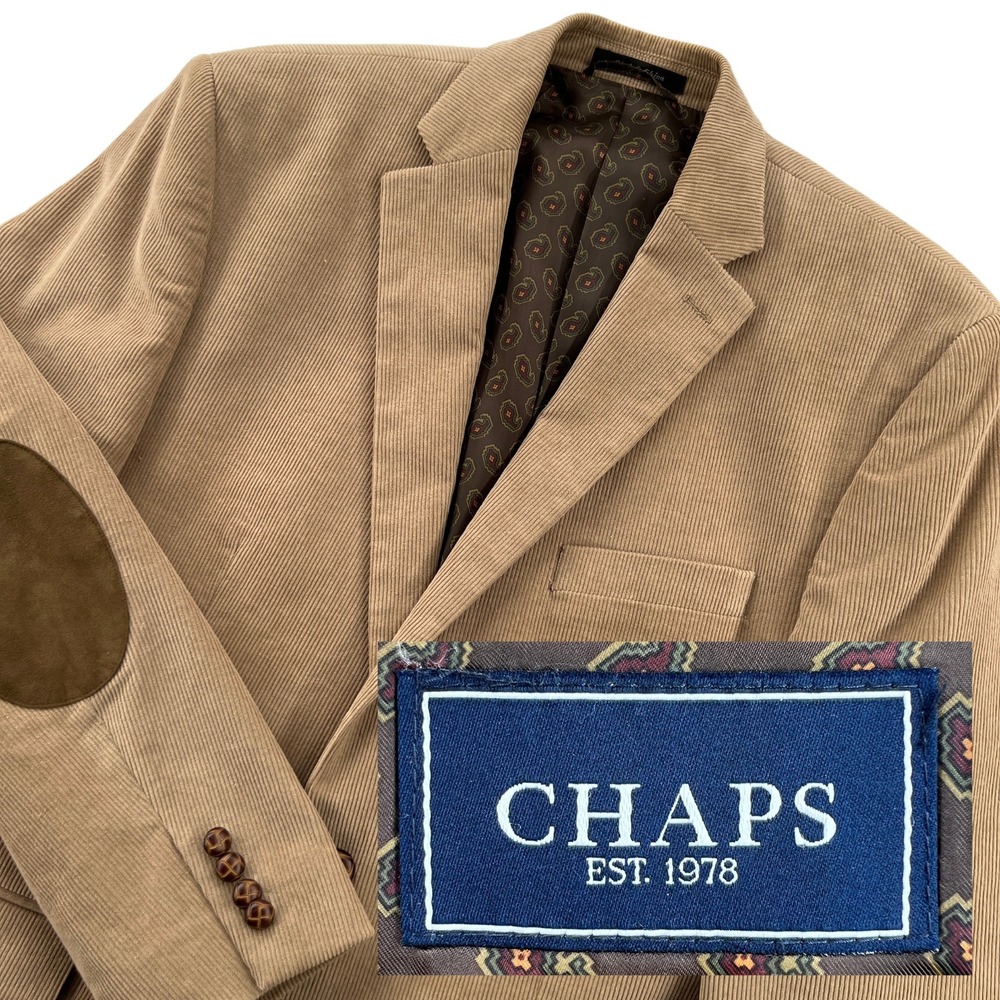 Chaps Mens 44R Corduroy Blazer Sport Coat Tan Beige Suede Elbow Patches Academia
